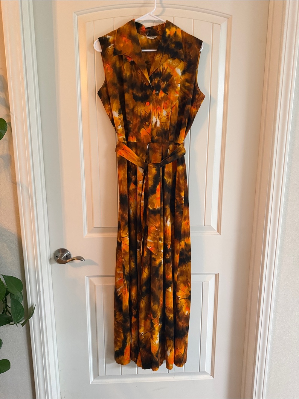 Sleeveless Maxi Jumpsuit with Tie Waist in Brown & Orange Tye-Dye Floral